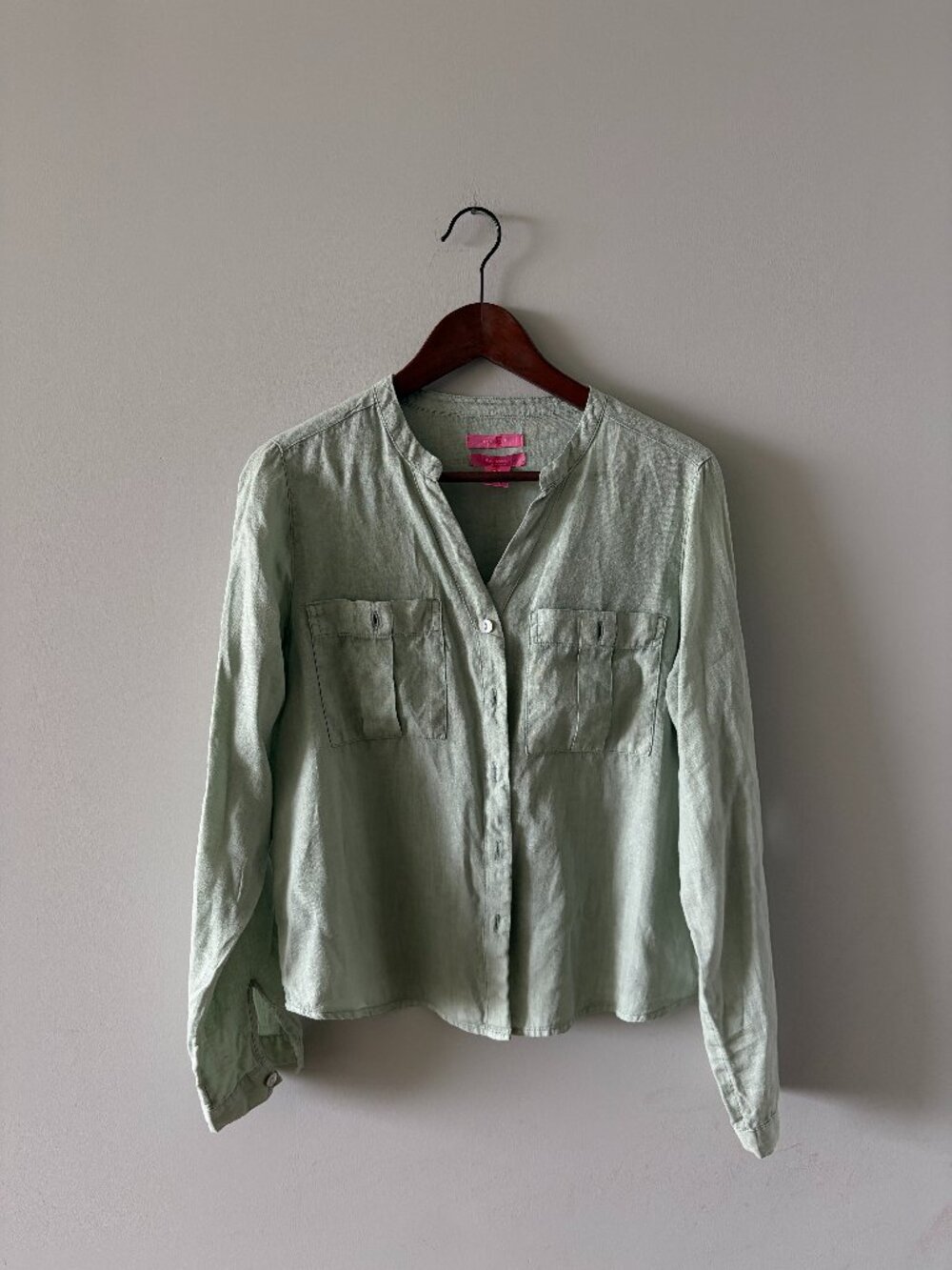 ISAAC MIZRAHI Linen Button Down Blouse - Sage Green - S